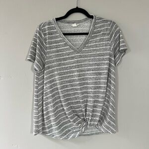 Caslon Gray & White Striped V-Neck Knot Front Tee - Size M